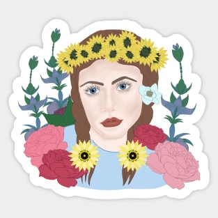 Girl with blue eyes with sunflowers and peonies Sticker